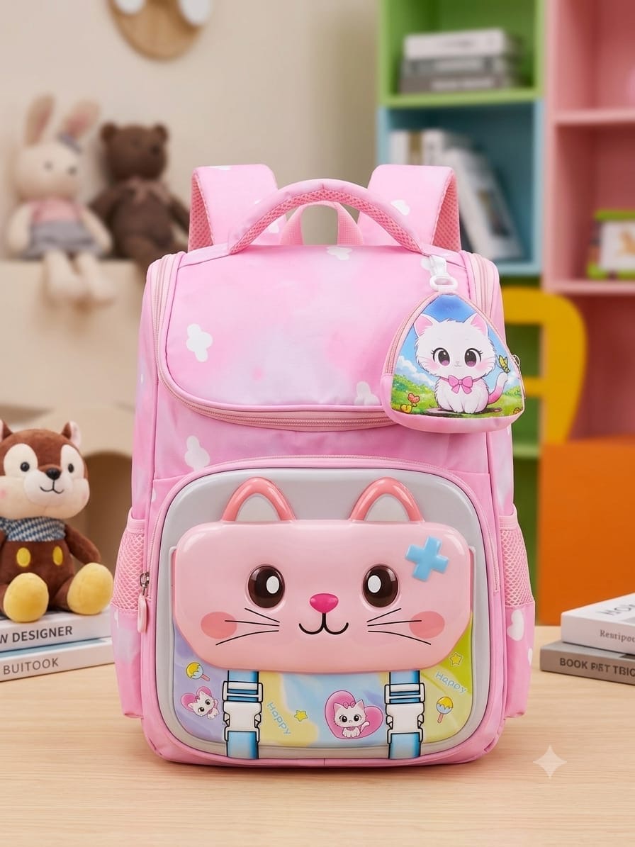 Cute Cat School Backpack for Girls - Pink color, view 1