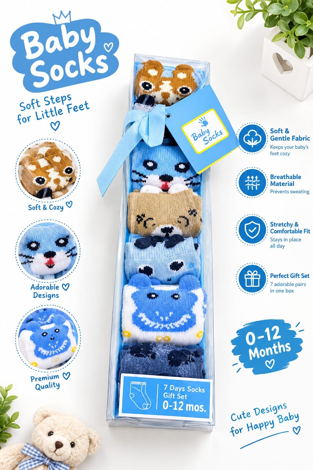 7 pairs animal baby socks in gift box with ribbon