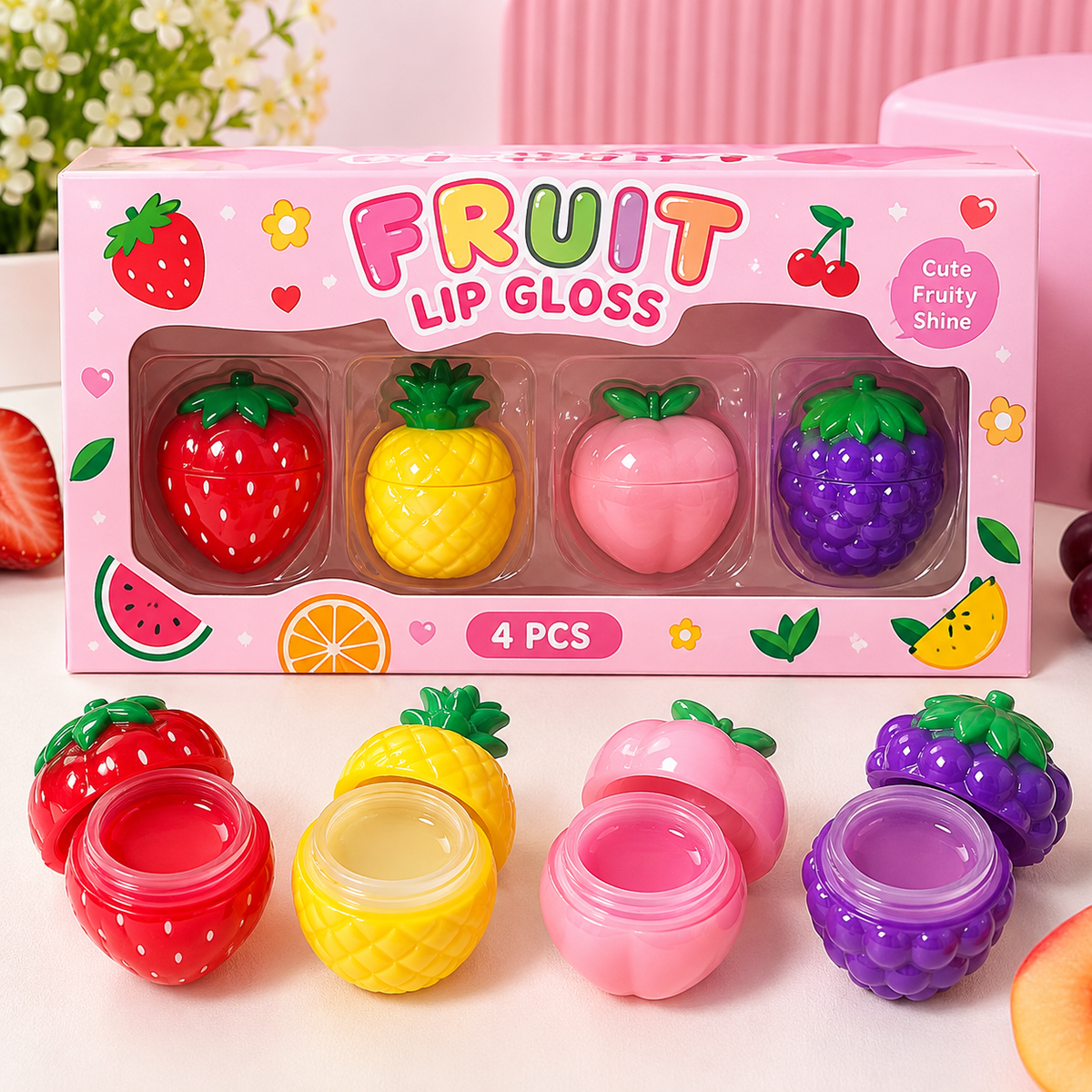 Fruit lip gloss set 4 pcs strawberry pineapple peach grape