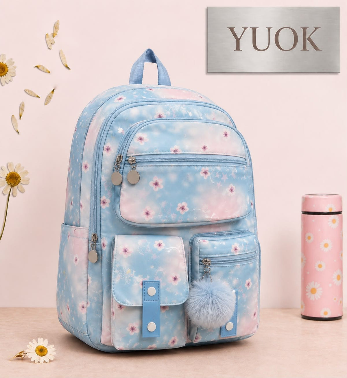 YUOK Star Print School Backpack - Light Blue
