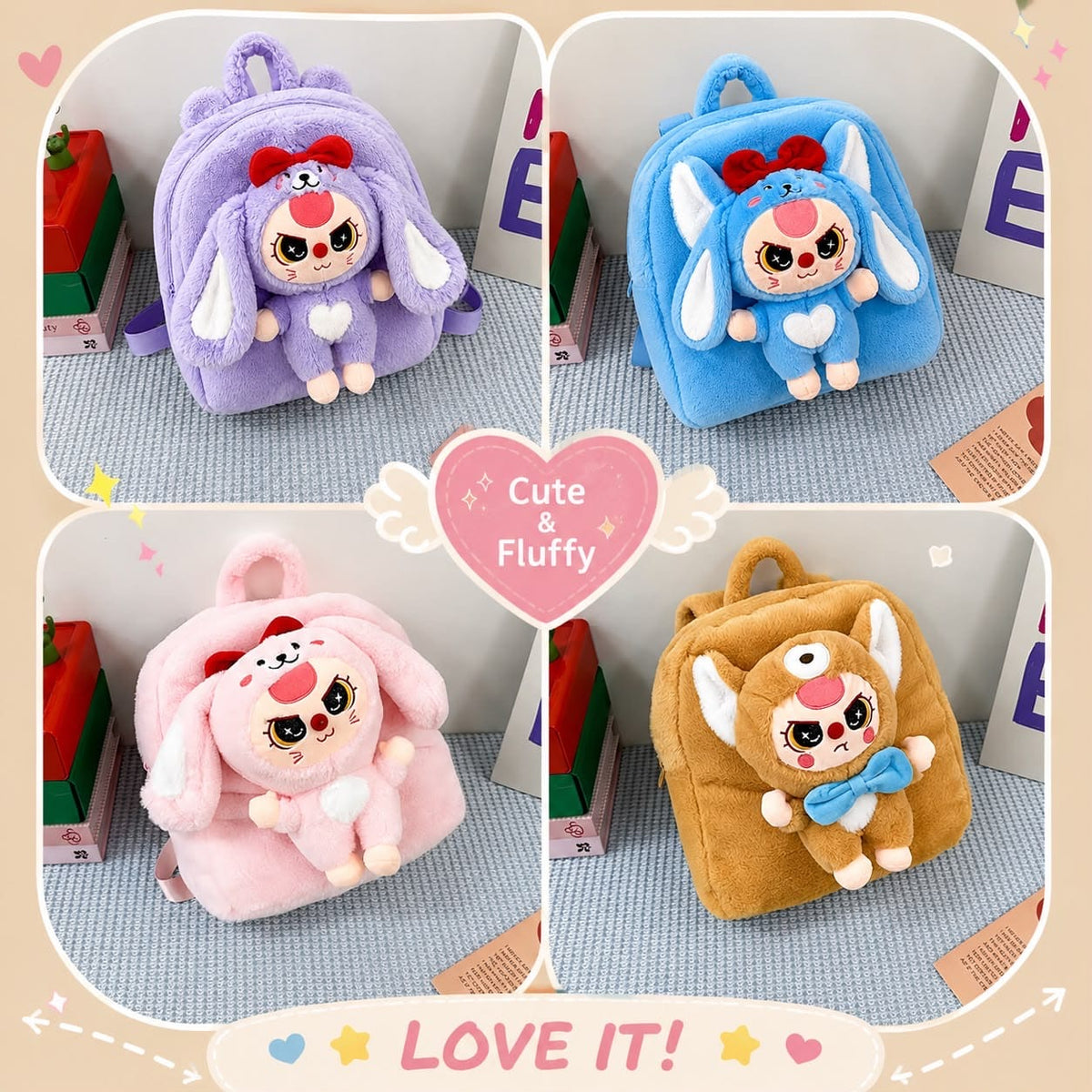 Kids plush bunny backpack color options chart Belinda Store