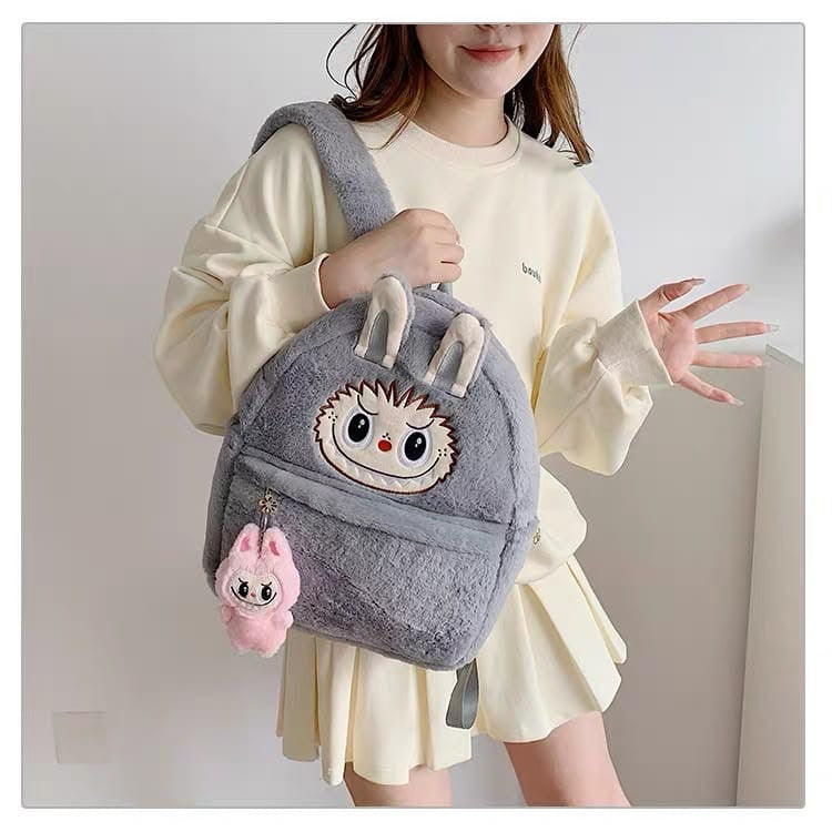 Labubu Plush Backpack - Fuzzy Bunny Backpack for Kids - Grey