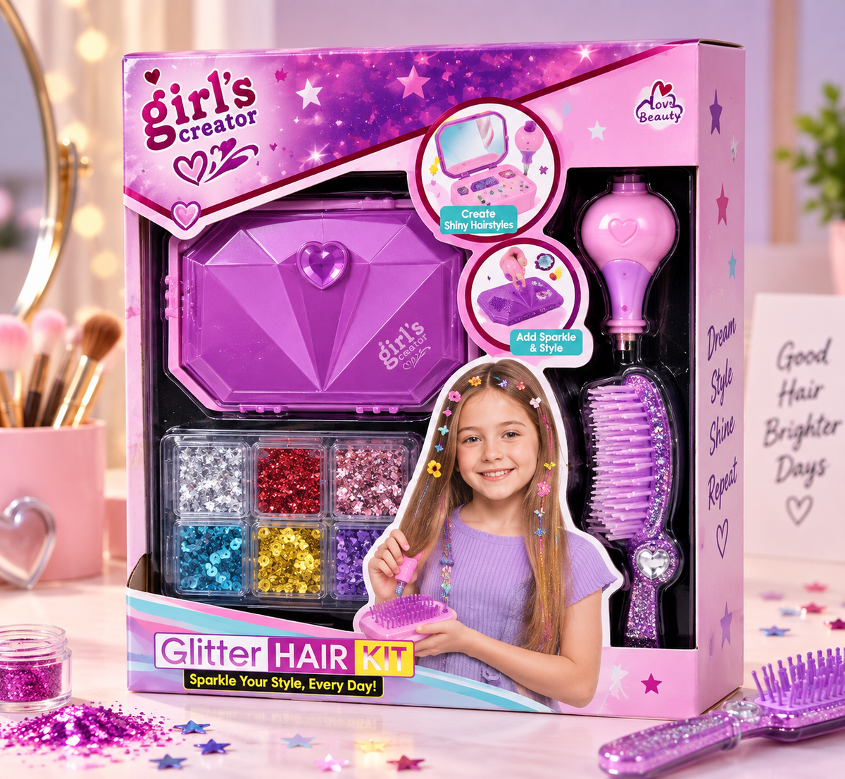 Girls glitter hair styling kit with gem stamper purple brush and 6 glitter colors
