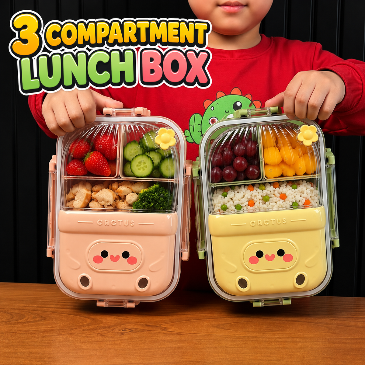 3 Compartment Cactus Shape Lunch Box For Kids