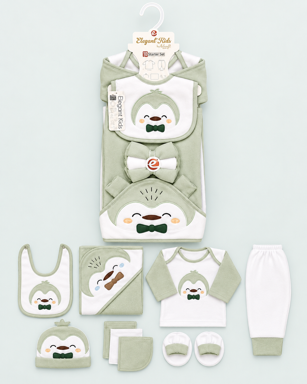 Newborn Baby Winter 10 Pcs Set - Happy Penguin Clothing Gift Set - Green