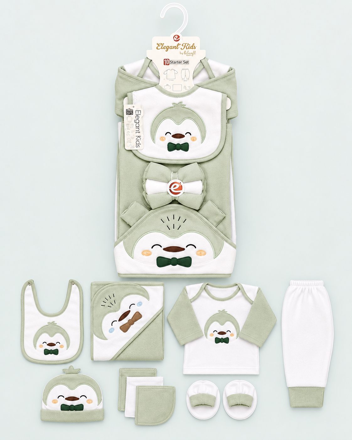 Newborn Baby Winter 10 Pcs Set - Happy Penguin Clothing Gift Set - Green