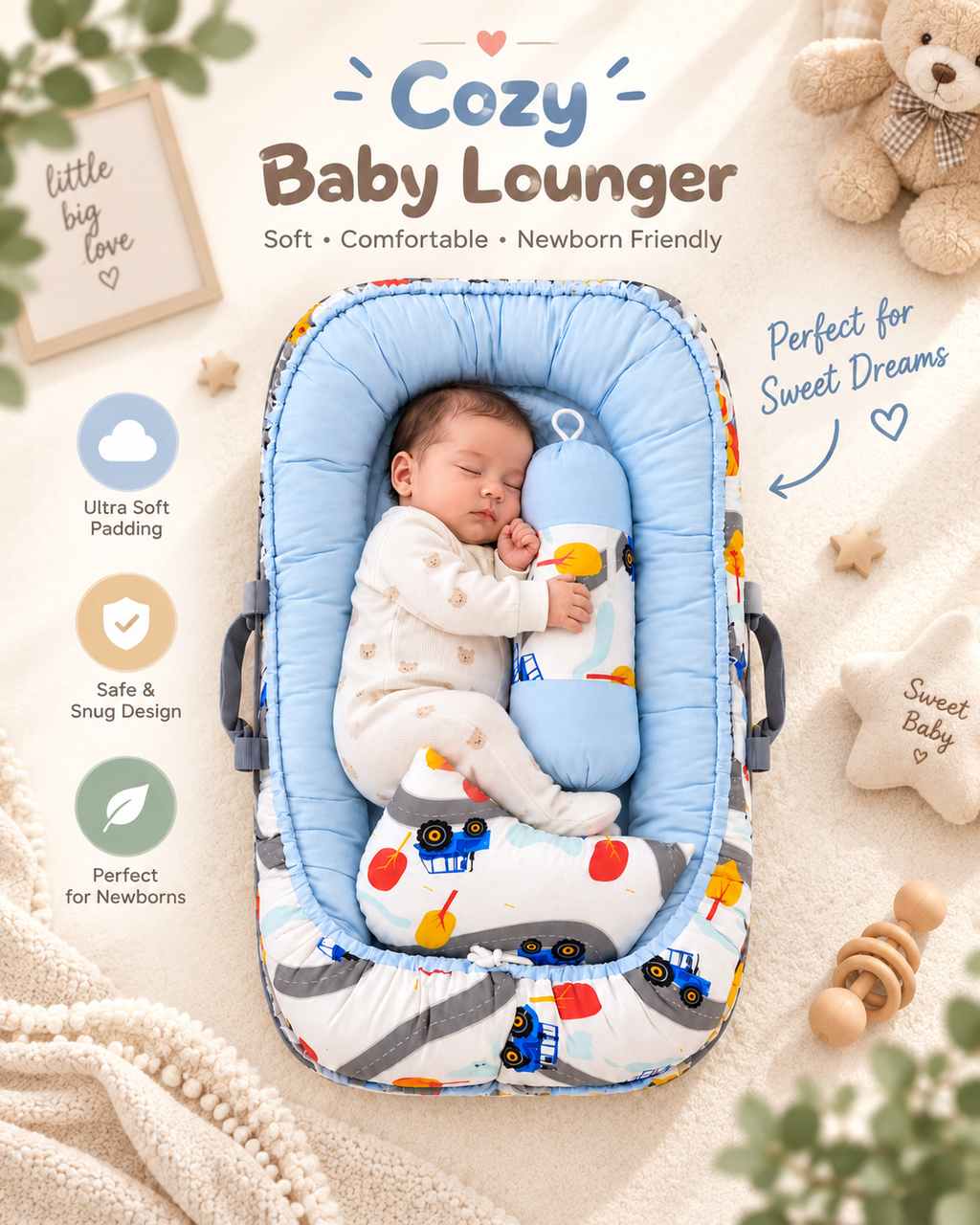 Baby Cozy Sleeping Nest - Soft Newborn Lounger (Blue)