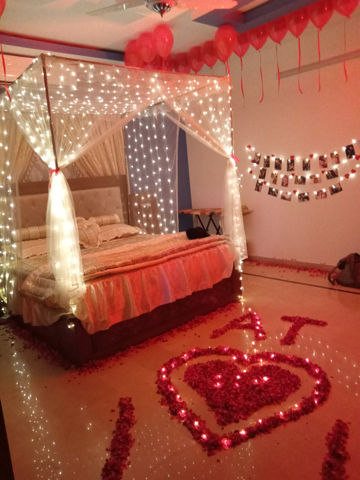 Photo Wall Wedding Room Decoration – Heart Balloons & Rose Petals - view 1