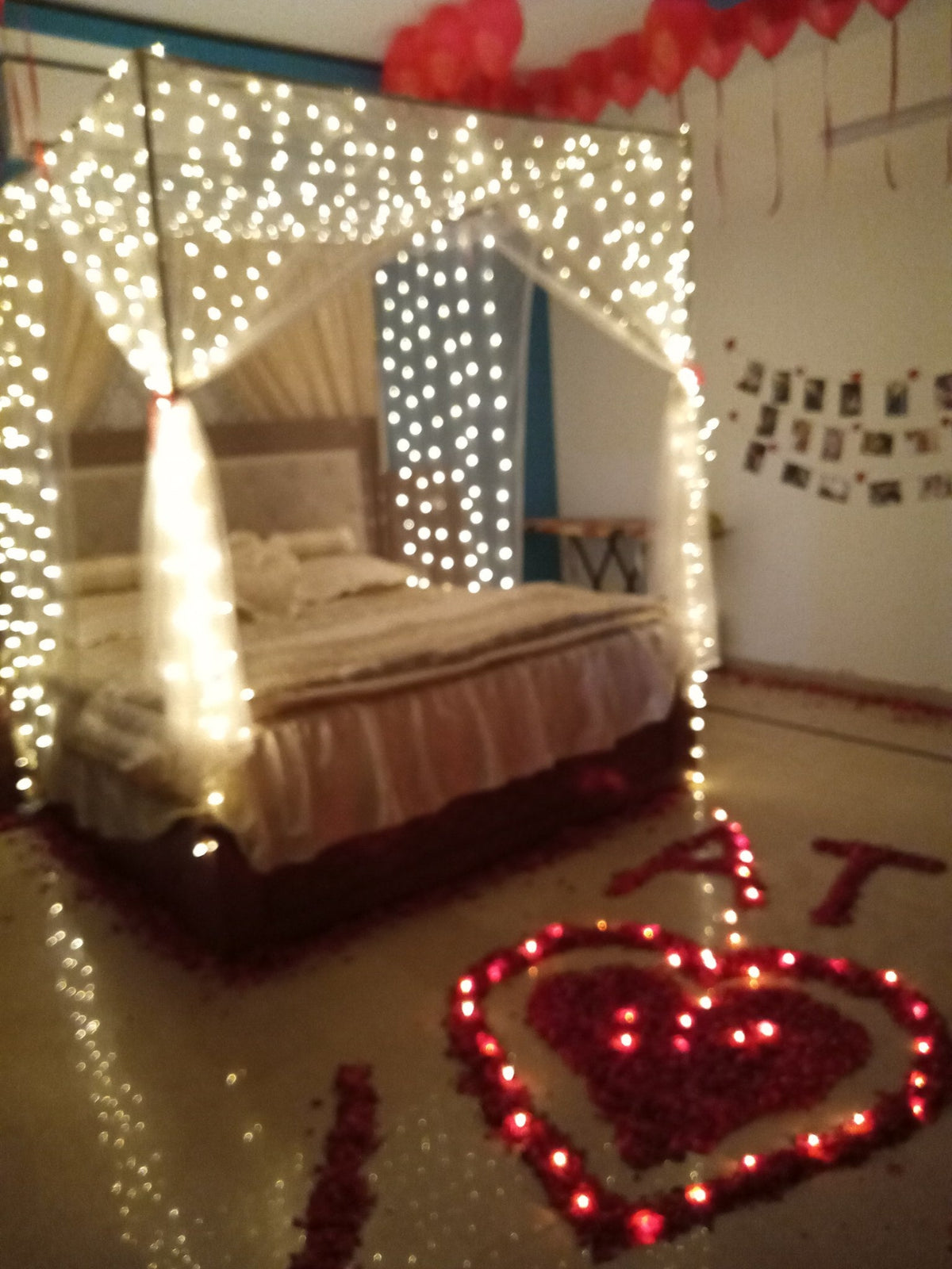Photo Wall Wedding Room Decoration – Heart Balloons & Rose Petals - view 3
