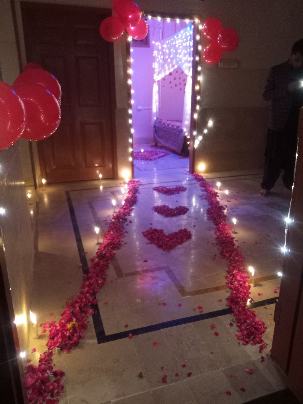 Real Flower Hangings Wedding Room Setup – Net & Fairy Lights - view 1