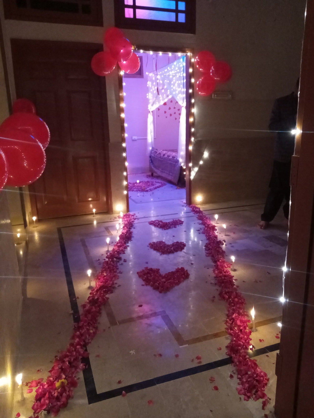 Real Flower Hangings Wedding Room Setup – Net & Fairy Lights - view 2