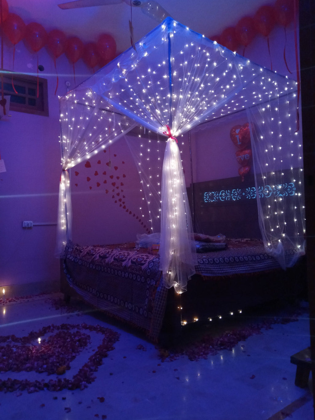 Real Flower Hangings Wedding Room Setup – Net & Fairy Lights - view 3