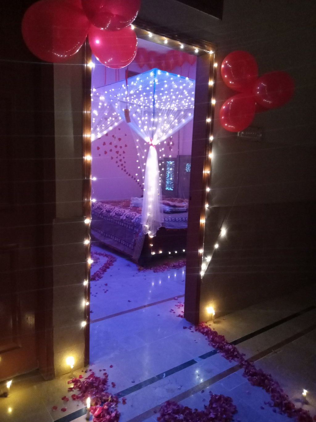 Real Flower Hangings Wedding Room Setup – Net & Fairy Lights - view 4