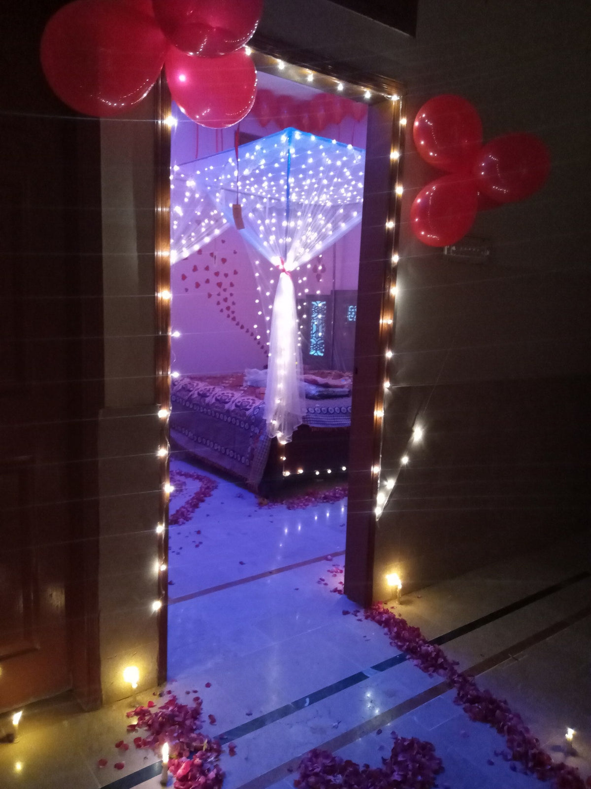 Real Flower Hangings Wedding Room Setup – Net & Fairy Lights - view 4