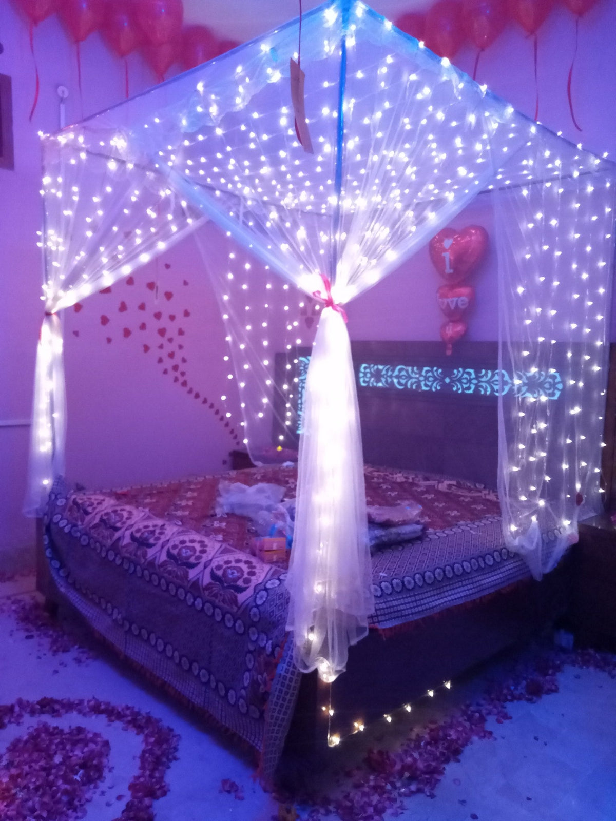 Real Flower Hangings Wedding Room Setup – Net & Fairy Lights - view 5