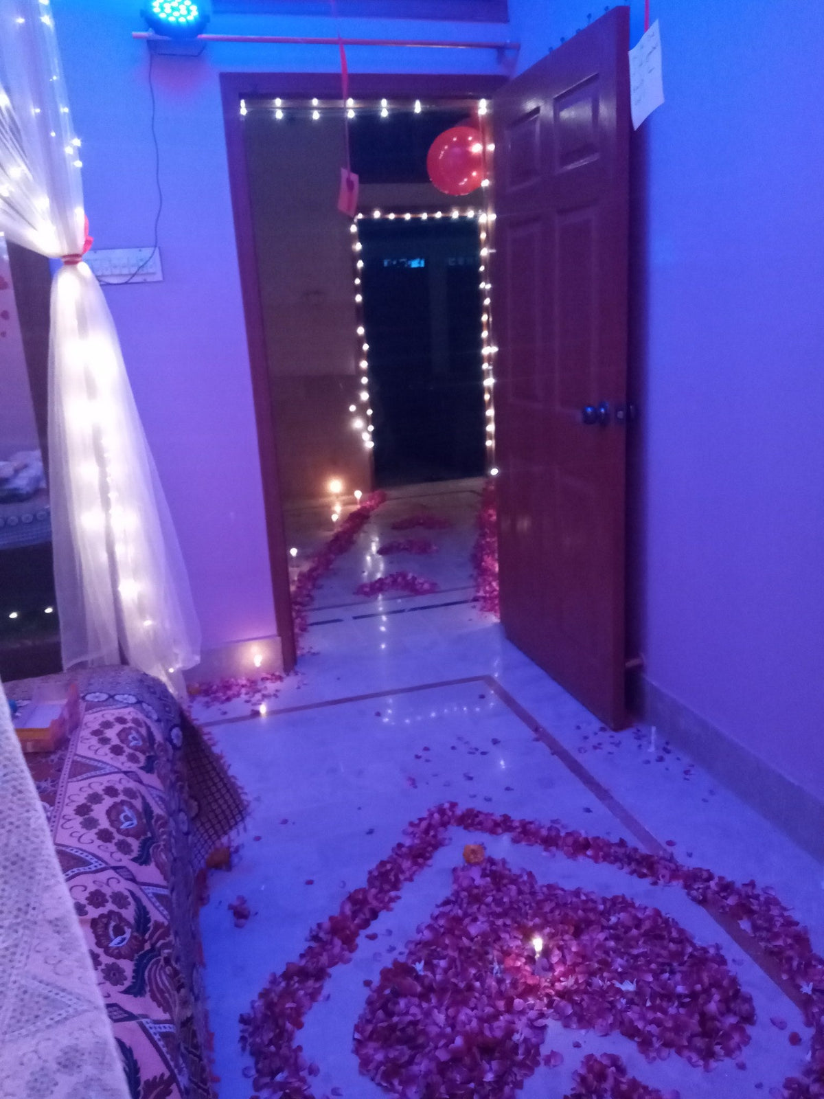Real Flower Hangings Wedding Room Setup – Net & Fairy Lights - view 6