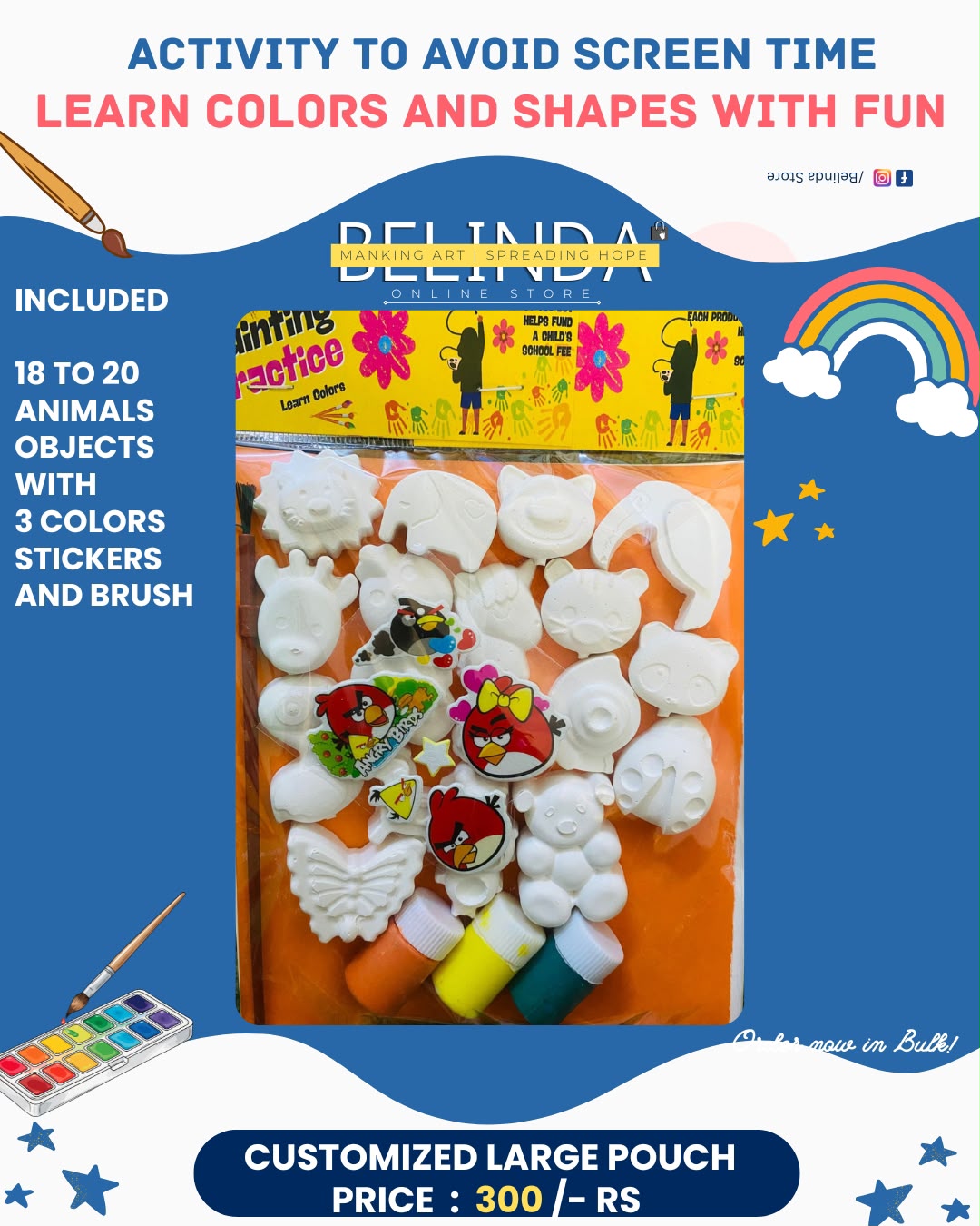 Ceramic Coloring Kit Large Pouch with 18-20 animal objects, colors and brush