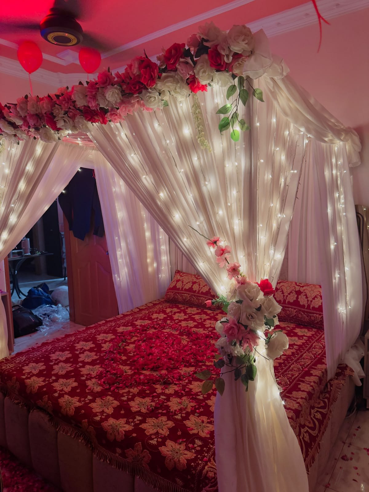 Red & White Wedding Room Decoration – Floral Arrangement - view 2