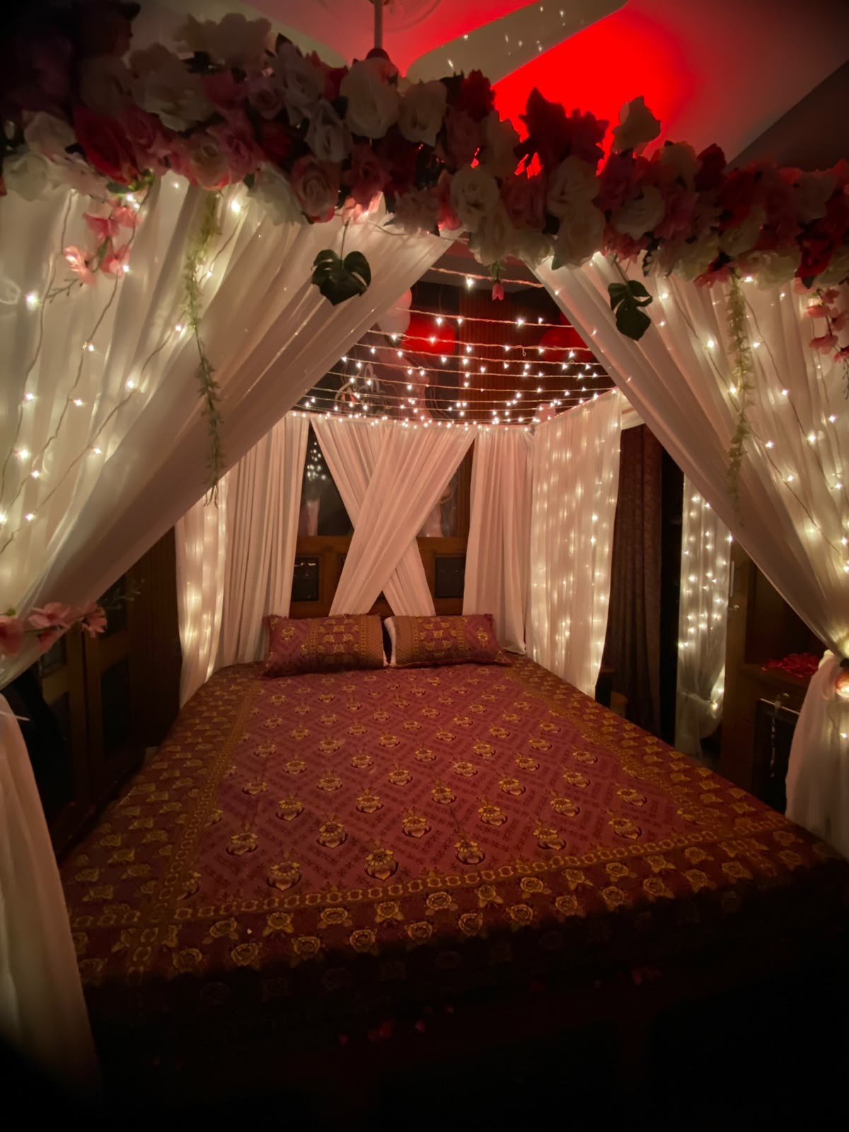 Elegant Red & White Floral Wedding Room Setup - view 3