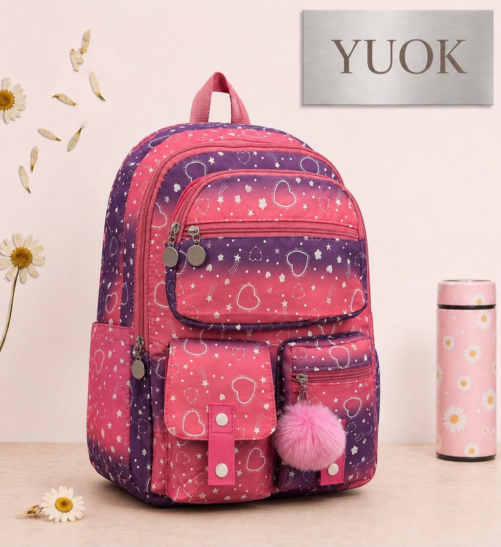 YUOK Star Print School Backpack - Red Purple