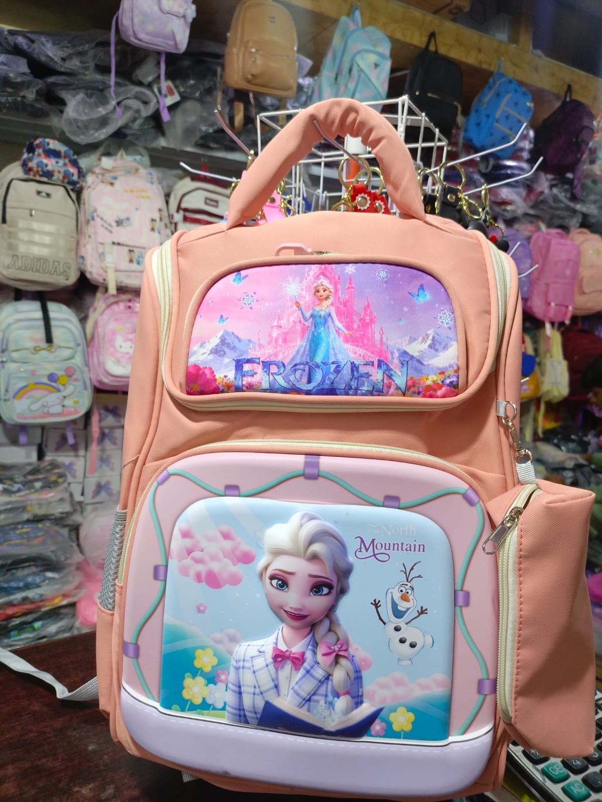 Peach Frozen Elsa kids princess backpack with 3D front panel