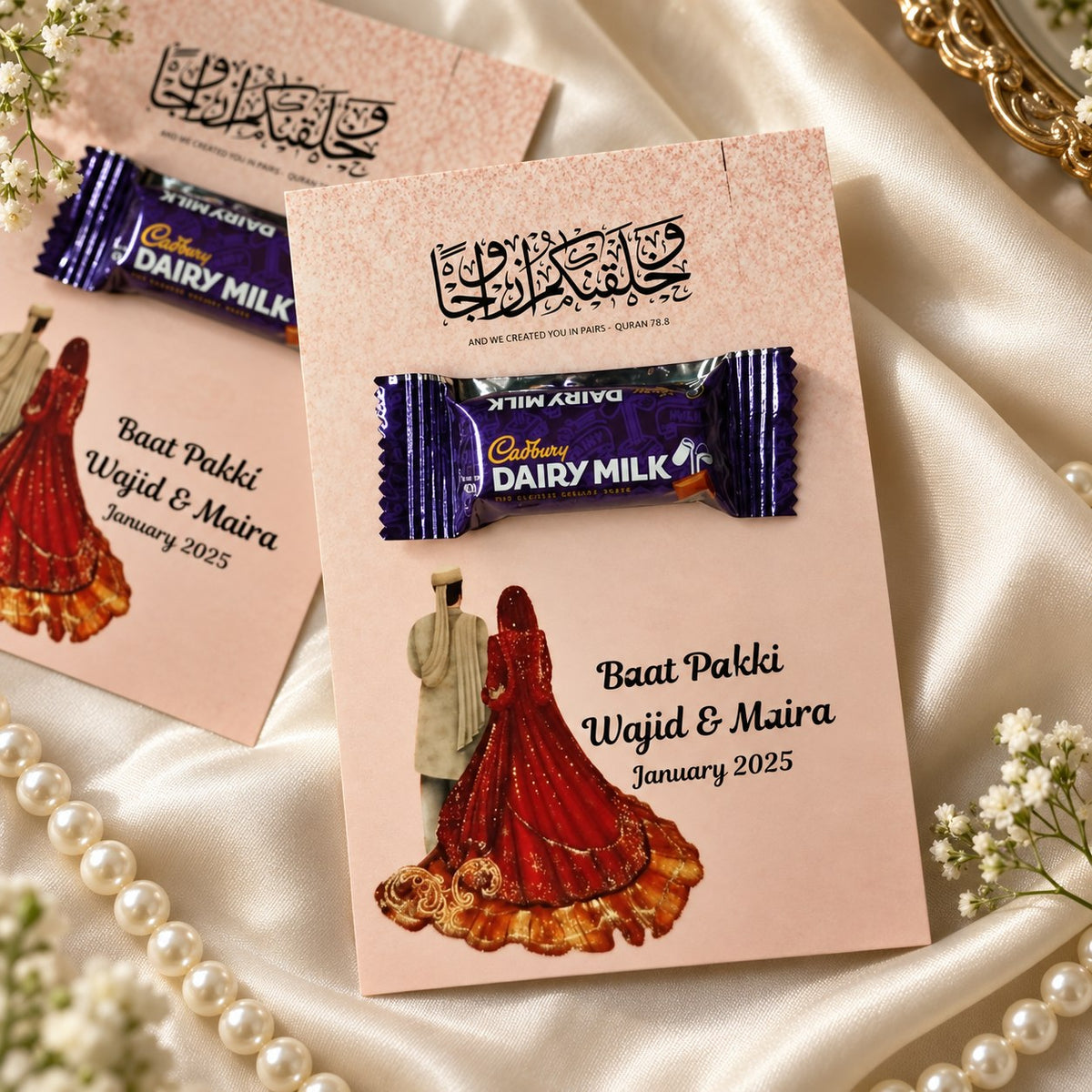 Customized Baat Pakki Dairy Milk engagement return gift cards