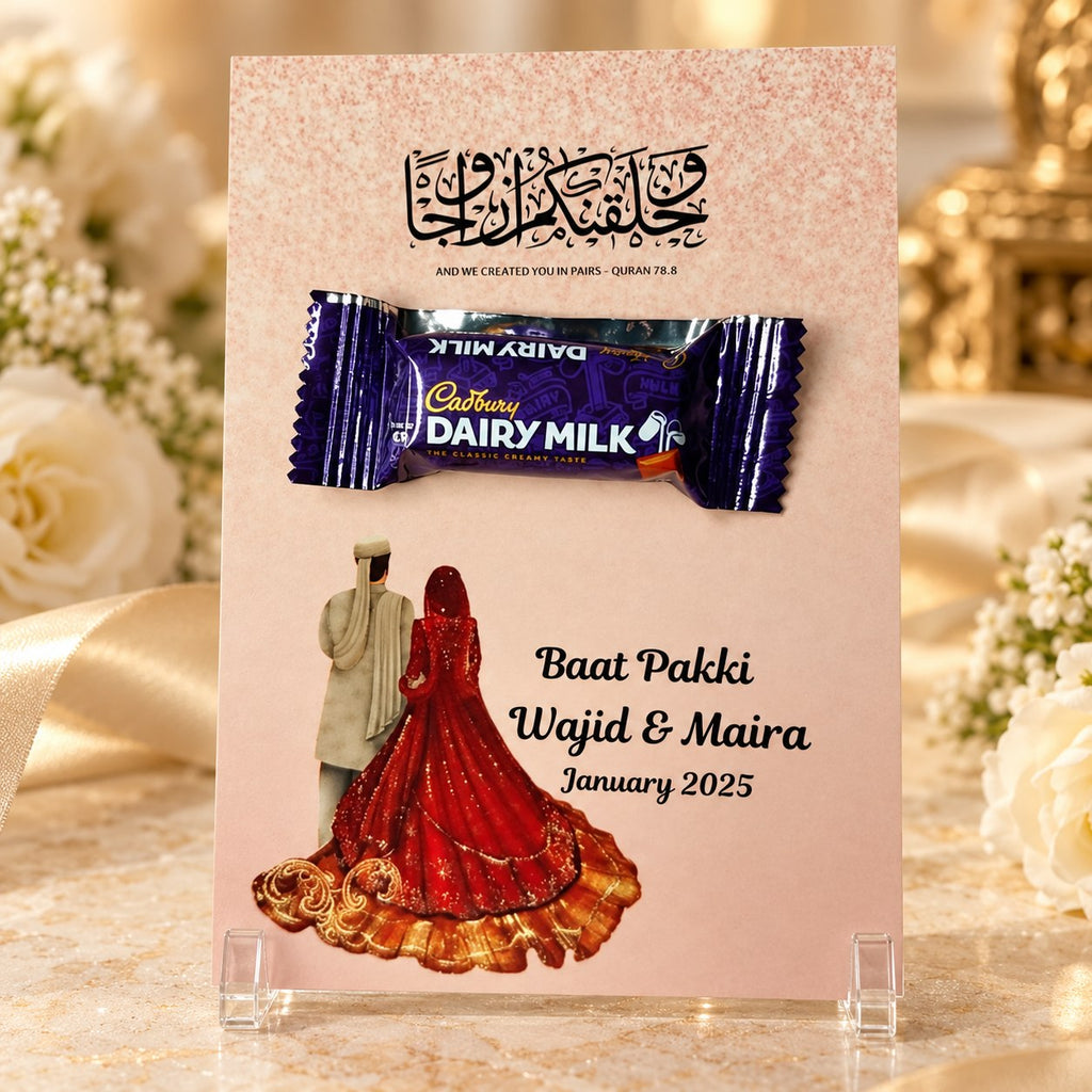 Baat Pakki card with bride groom illustration, calligraphy and Dairy Milk chocolate