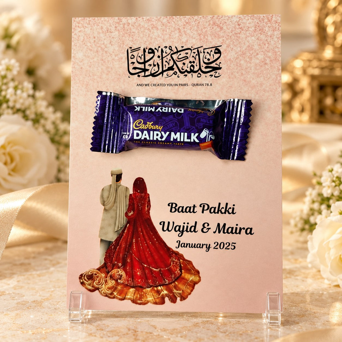 Baat Pakki card with bride groom illustration, calligraphy and Dairy Milk chocolate