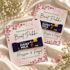 Customized Baat Pakki engagement return gift cards with Dairy Milk