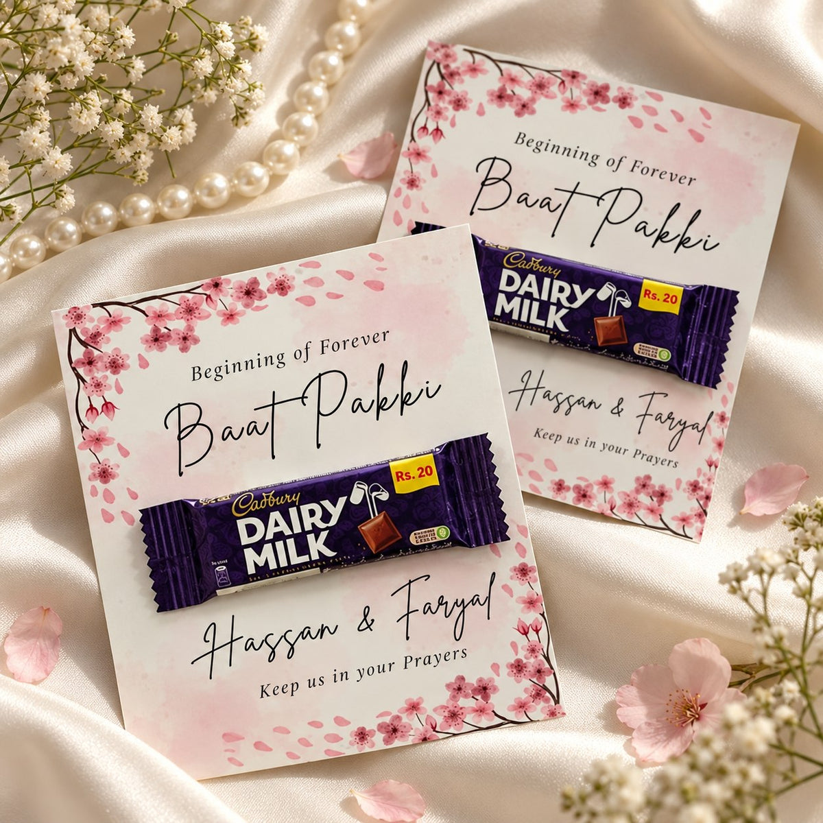 Customized Baat Pakki engagement return gift cards with Dairy Milk