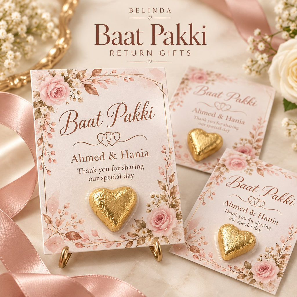 Floral Baat Pakki thank you card with gold heart chocolate and couple names