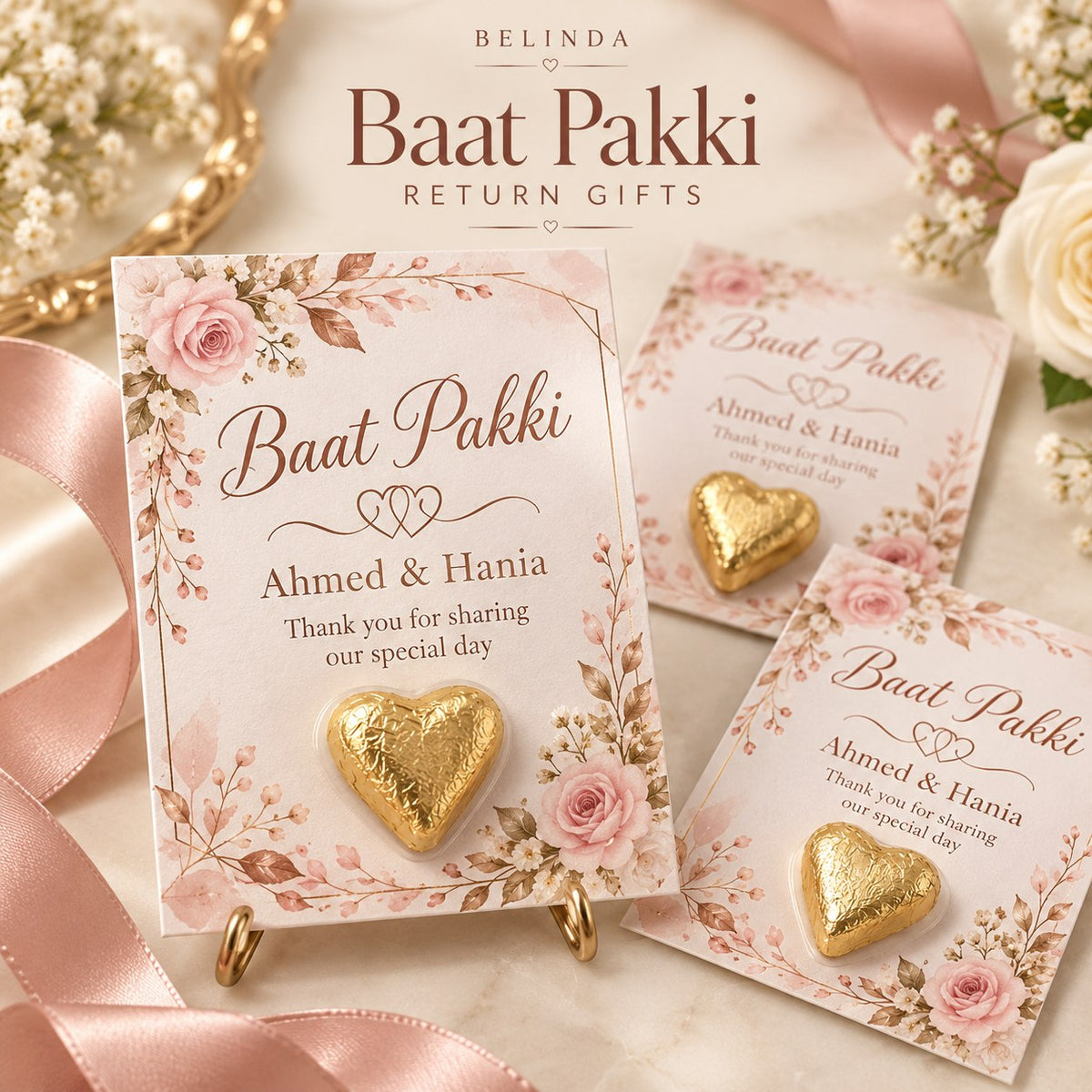 Floral Baat Pakki thank you card with gold heart chocolate and couple names