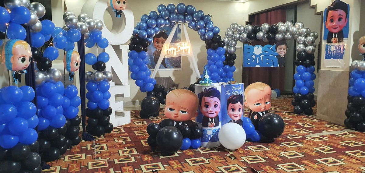 Baby Boss Theme 1st Birthday Decoration – Blue & Black Balloon Arches, ONE Letters & Character Cutouts