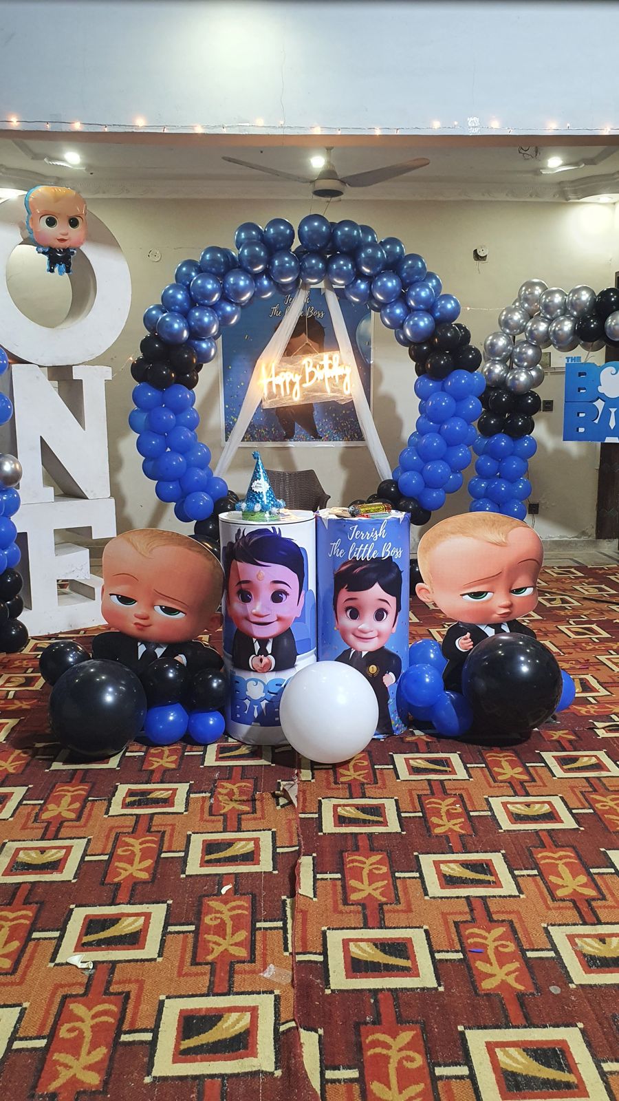 Baby Boss Theme 1st Birthday Decoration – Blue & Black Balloon Arches, ONE Letters & Character Cutouts