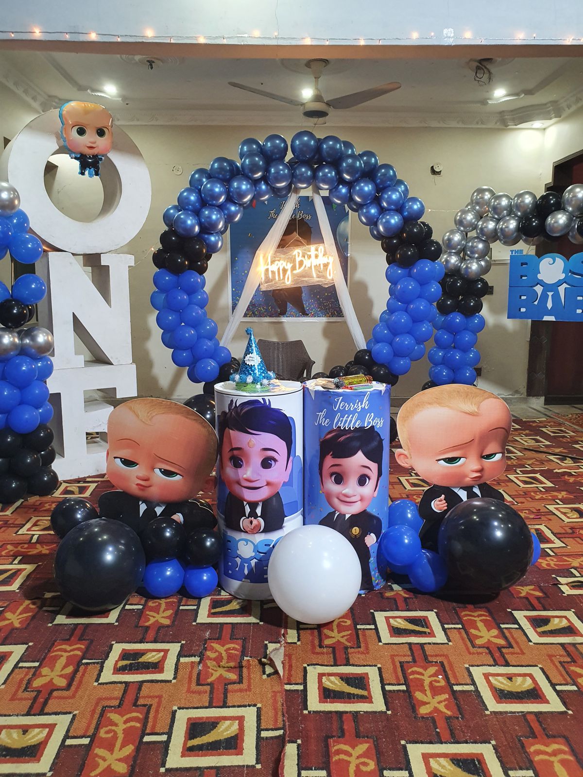 Baby Boss Theme 1st Birthday Decoration – Blue & Black Balloon Arches, ONE Letters & Character Cutouts