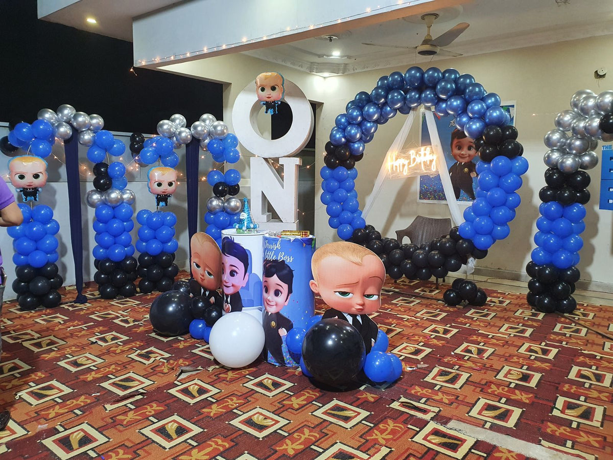 Baby Boss Theme 1st Birthday Decoration – Blue & Black Balloon Arches, ONE Letters & Character Cutouts