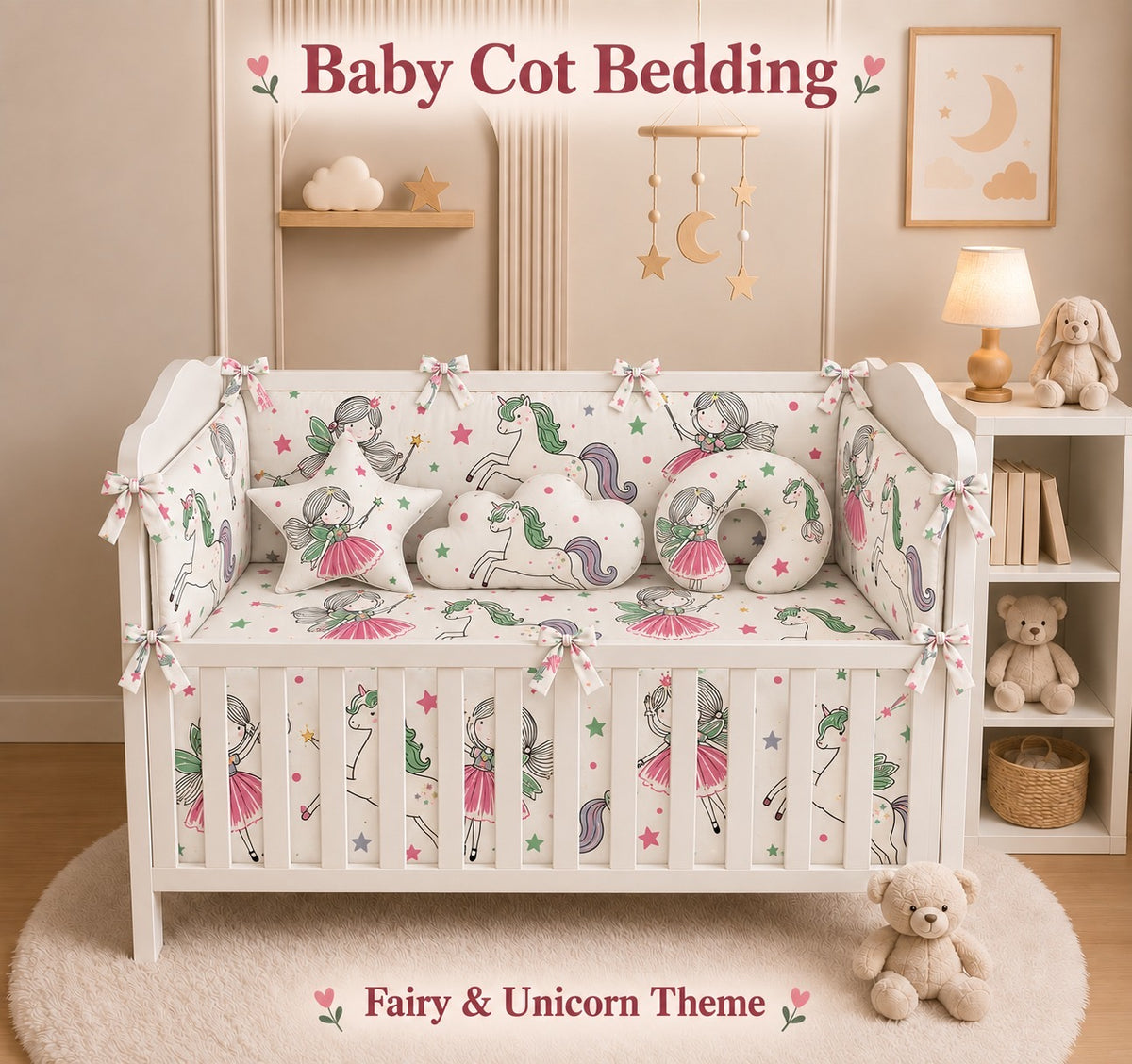 Baby cot bedding set fairy and unicorn theme