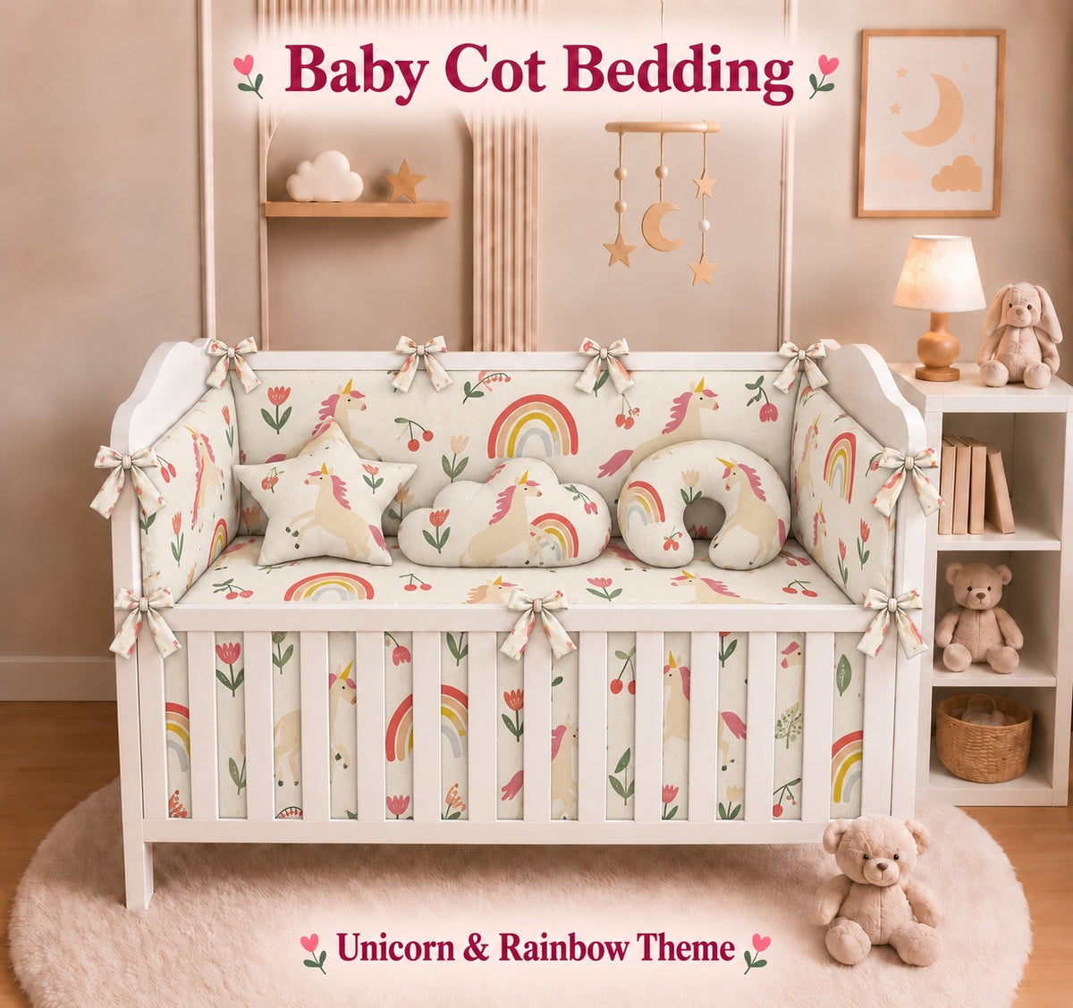 Baby cot bedding set unicorn and rainbow theme