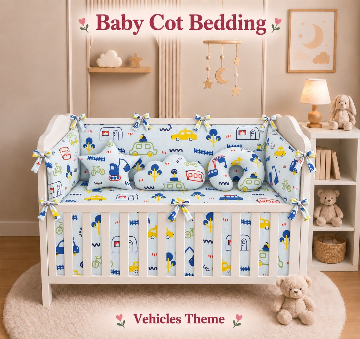 Baby cot bedding set vehicles theme