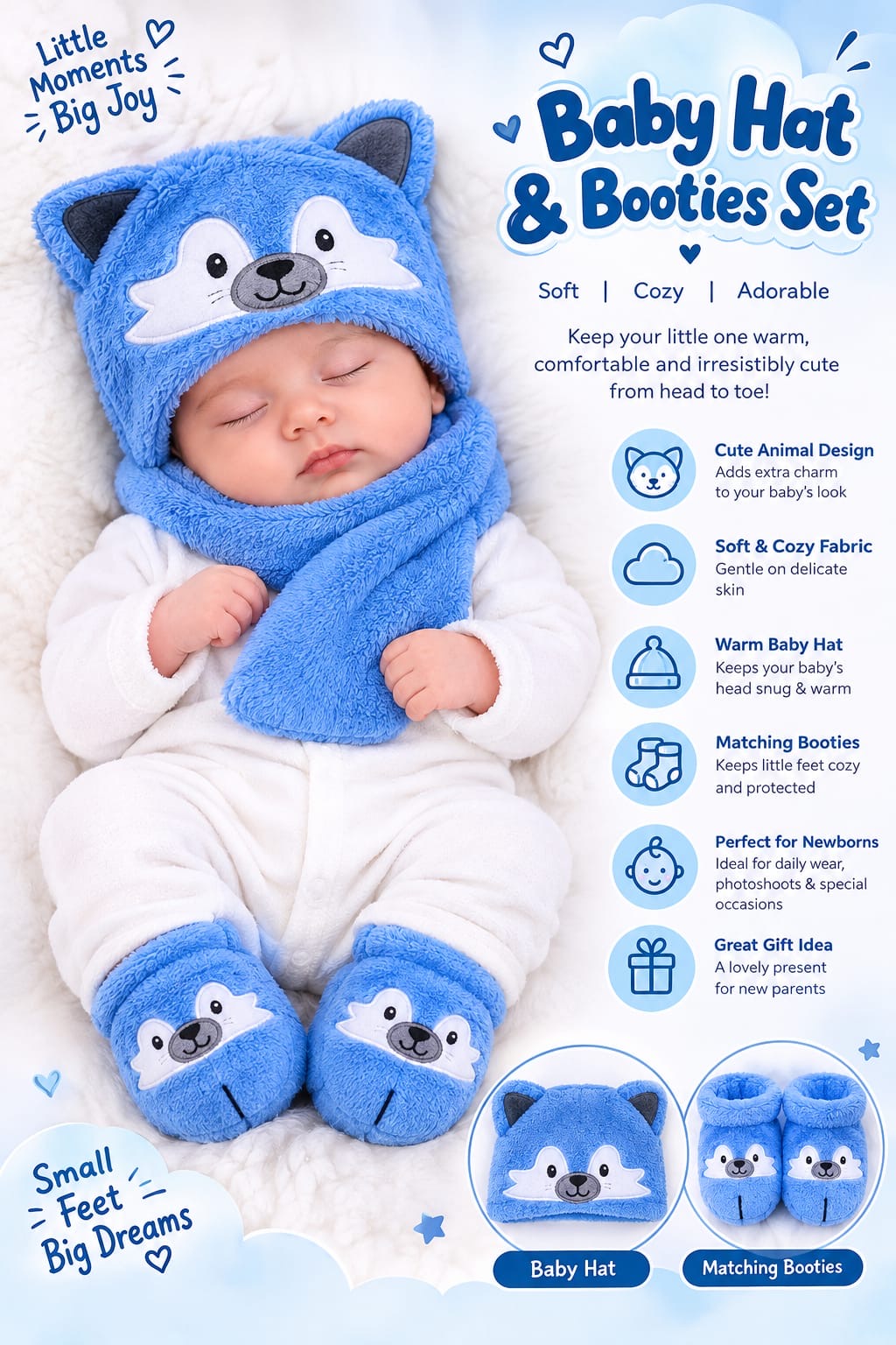 Newborn baby hat and booties set blue husky design