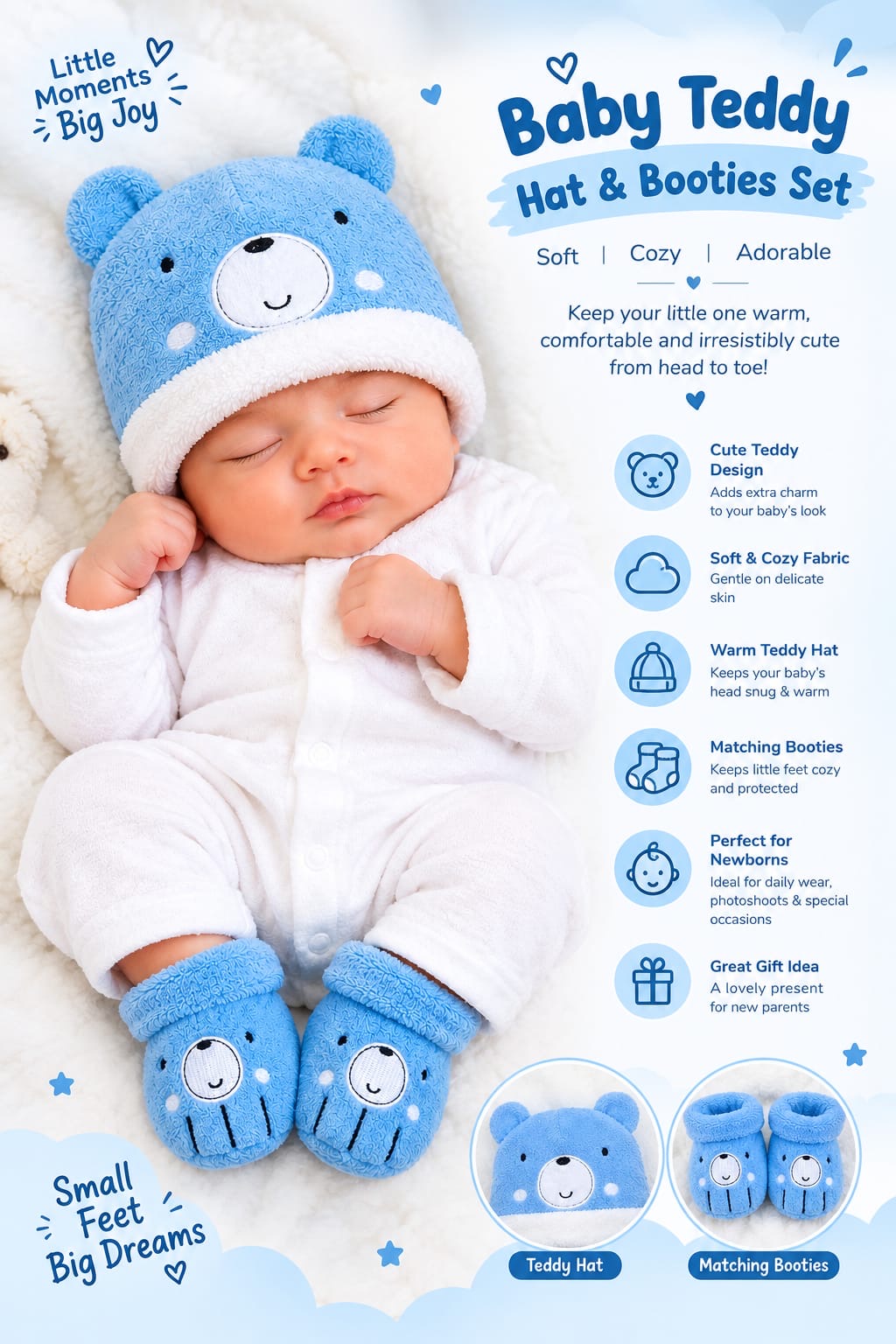 Newborn baby teddy hat and booties set blue