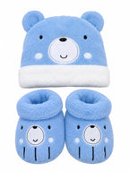 Blue teddy baby cap and booties product view