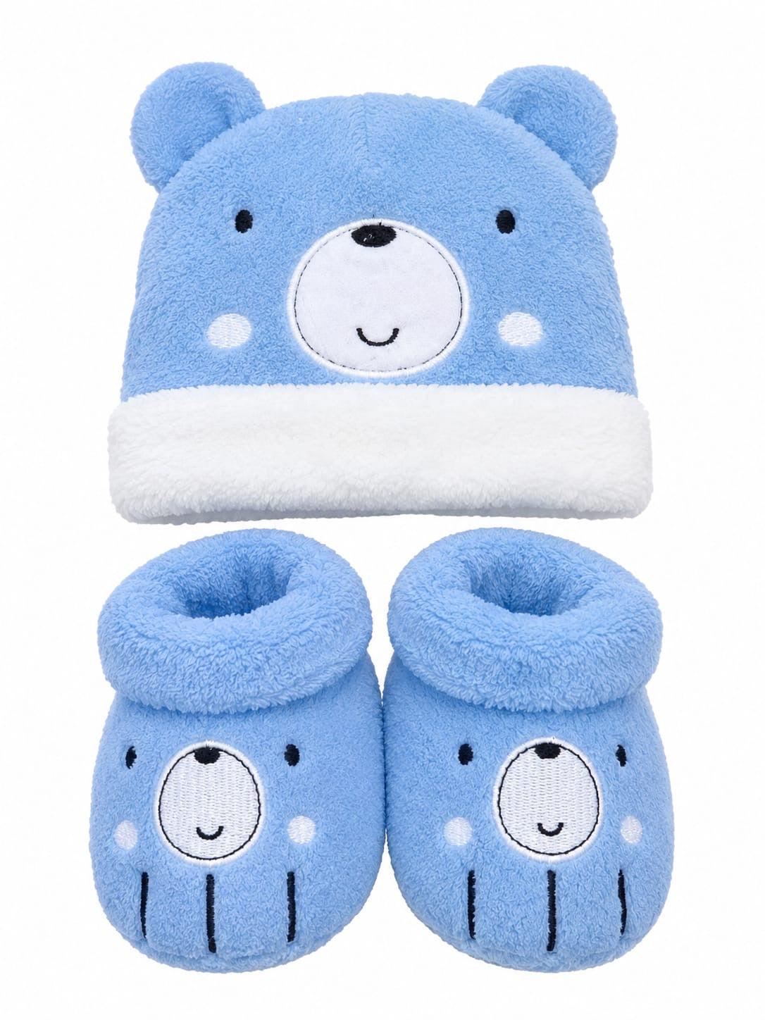 Blue teddy baby cap and booties product view