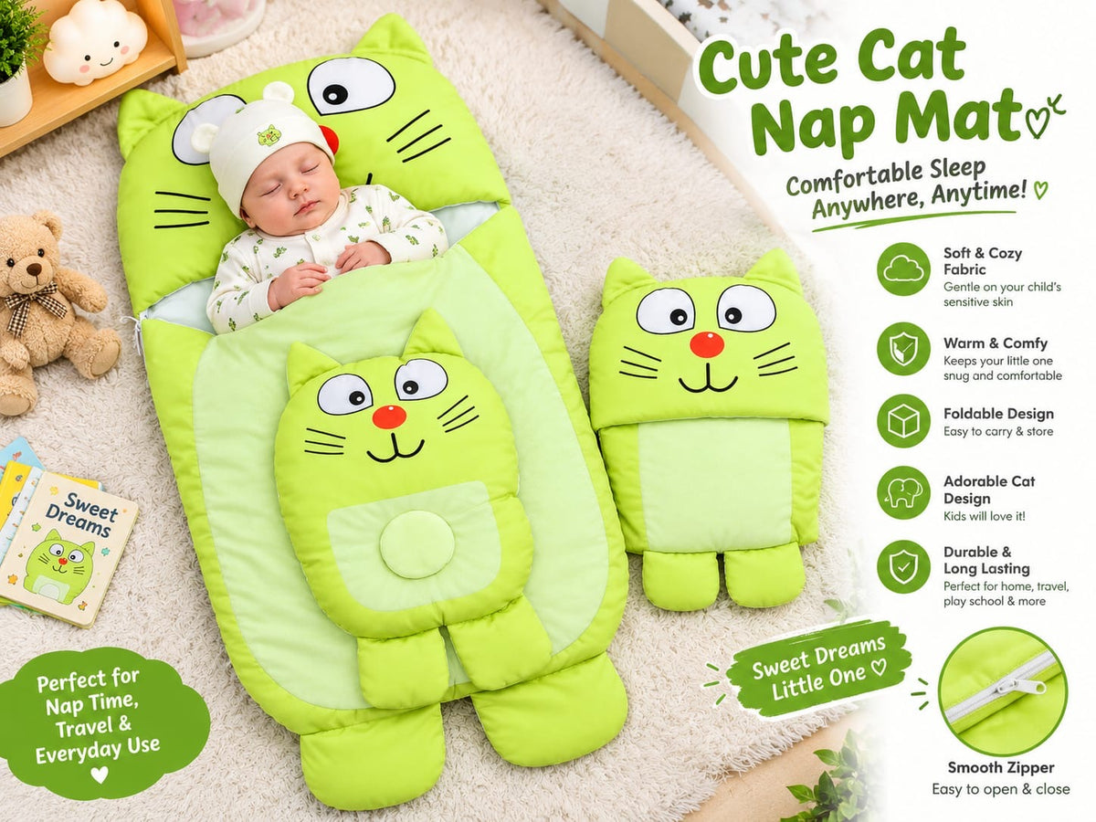 Baby nap mat green cat design with pillow