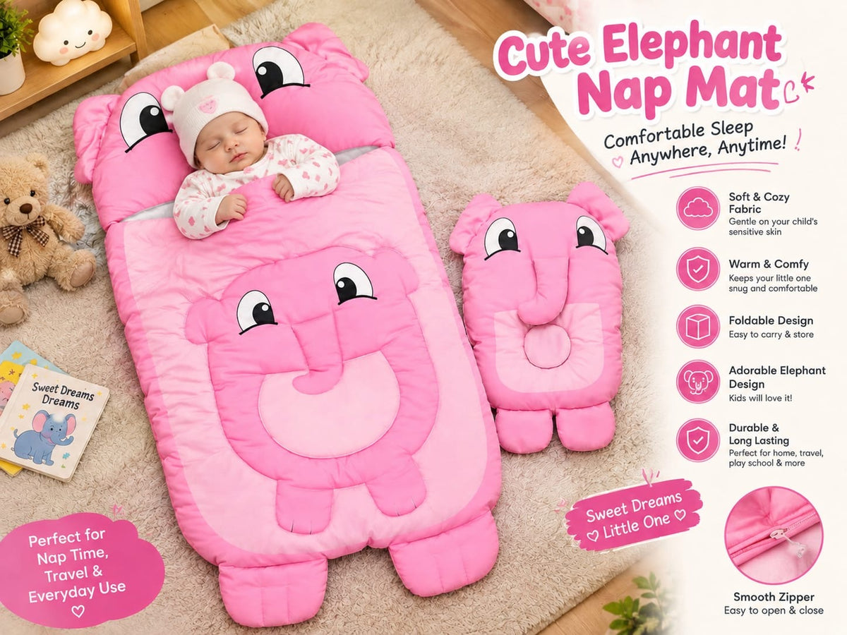 Baby nap mat with pillow pink elephant design