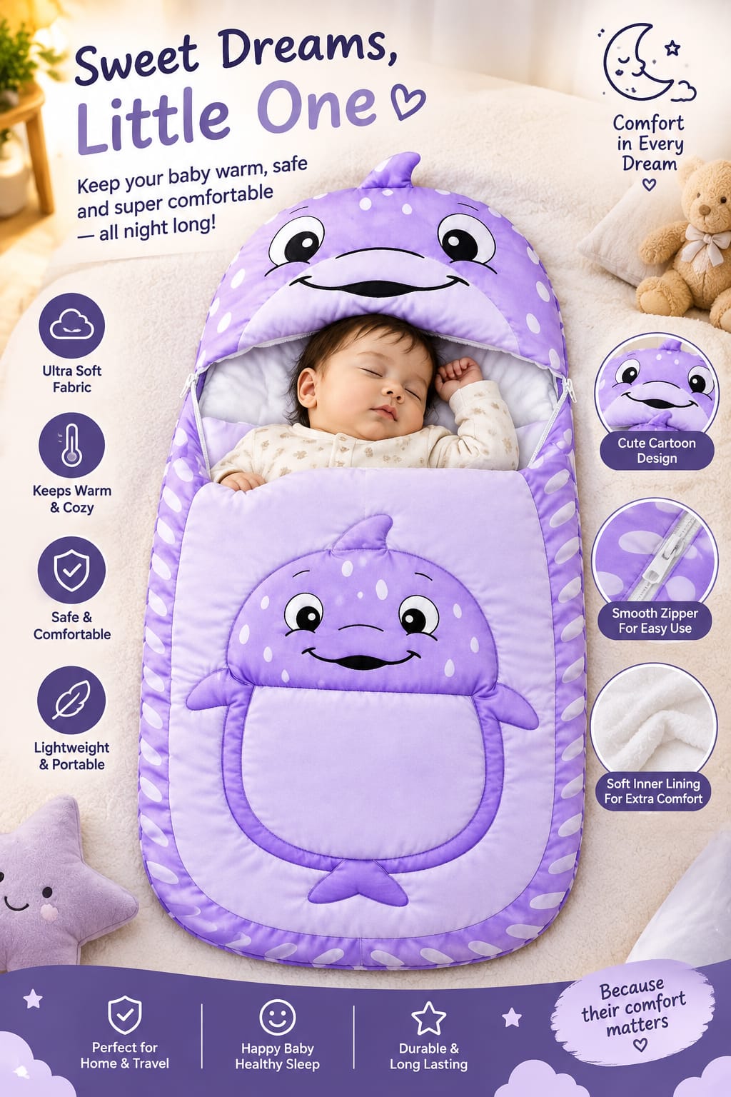 Baby nap mat purple dolphin design