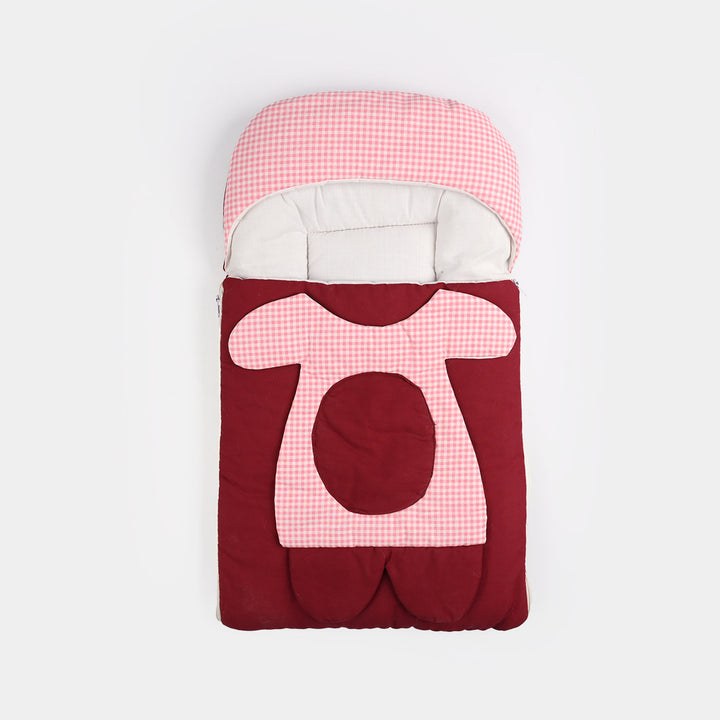 newborn baby sleeping bag front view maroon pink gingham