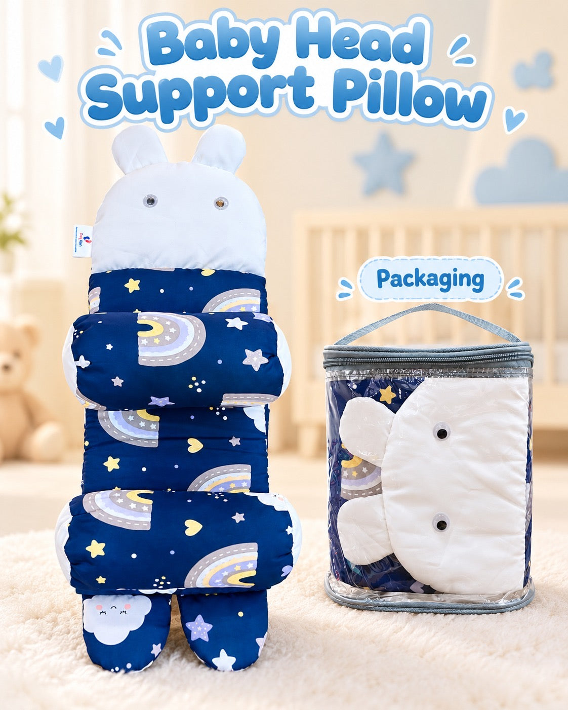 Baby head support pillow with rainbow moon print and packaging