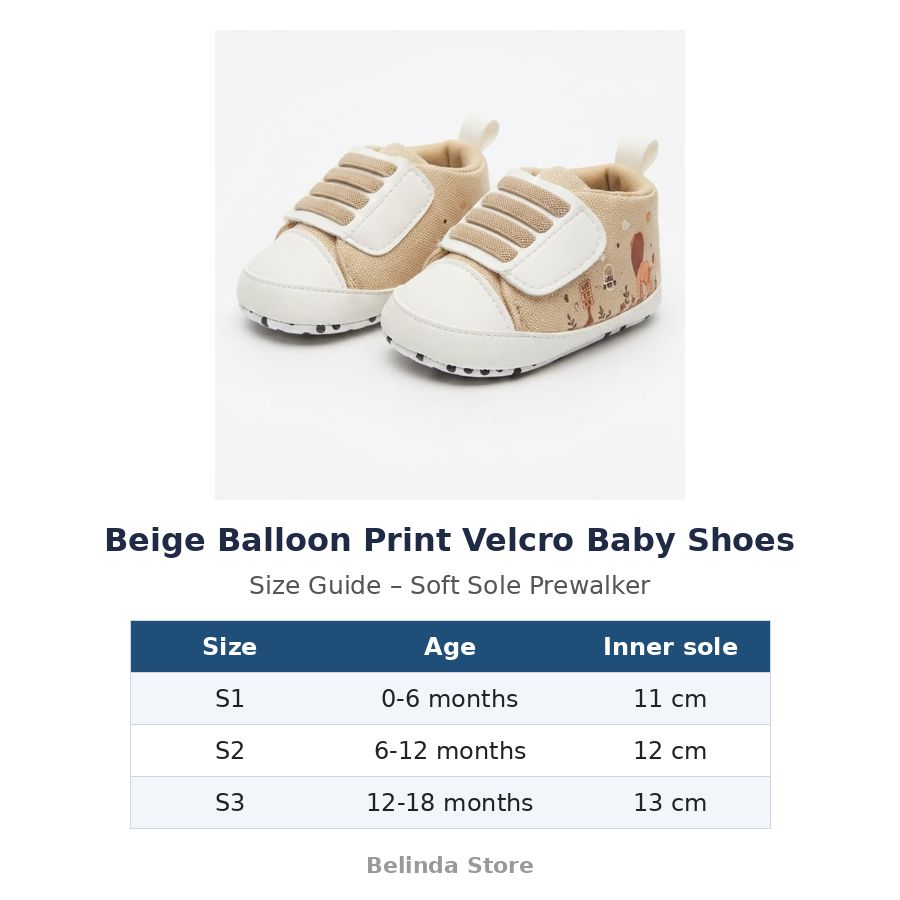 Beige Balloon Print Velcro Baby Shoes size guide – soft sole baby shoes – Belinda Store