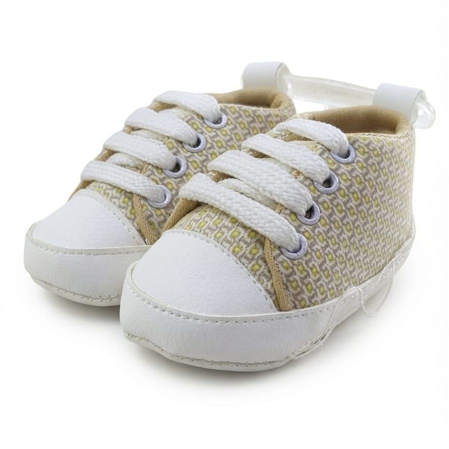 Beige Geometric Print Lace-Up Baby Shoes close-up view – soft sole baby shoes – Belinda Store